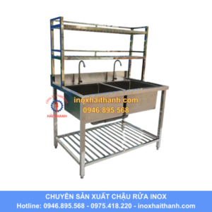 chậu rửa inox 2 hố có giá kệ trên