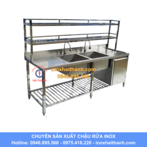 chậu rửa inox 2 hố có giá kệ trên