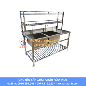 chậu rửa inox 2 hố có giá kệ trên