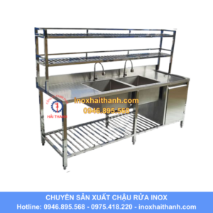 chậu rửa inox 2 hố có giá kệ trên